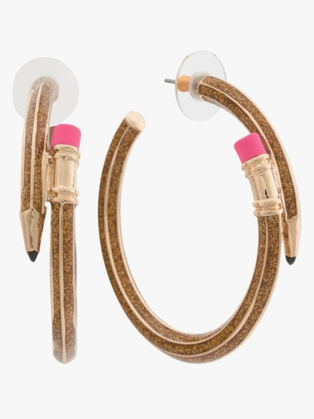 NEW Betsey Johnson Gold Glitter & Pink Pencil Bypass Hoop Earrings 1.75”